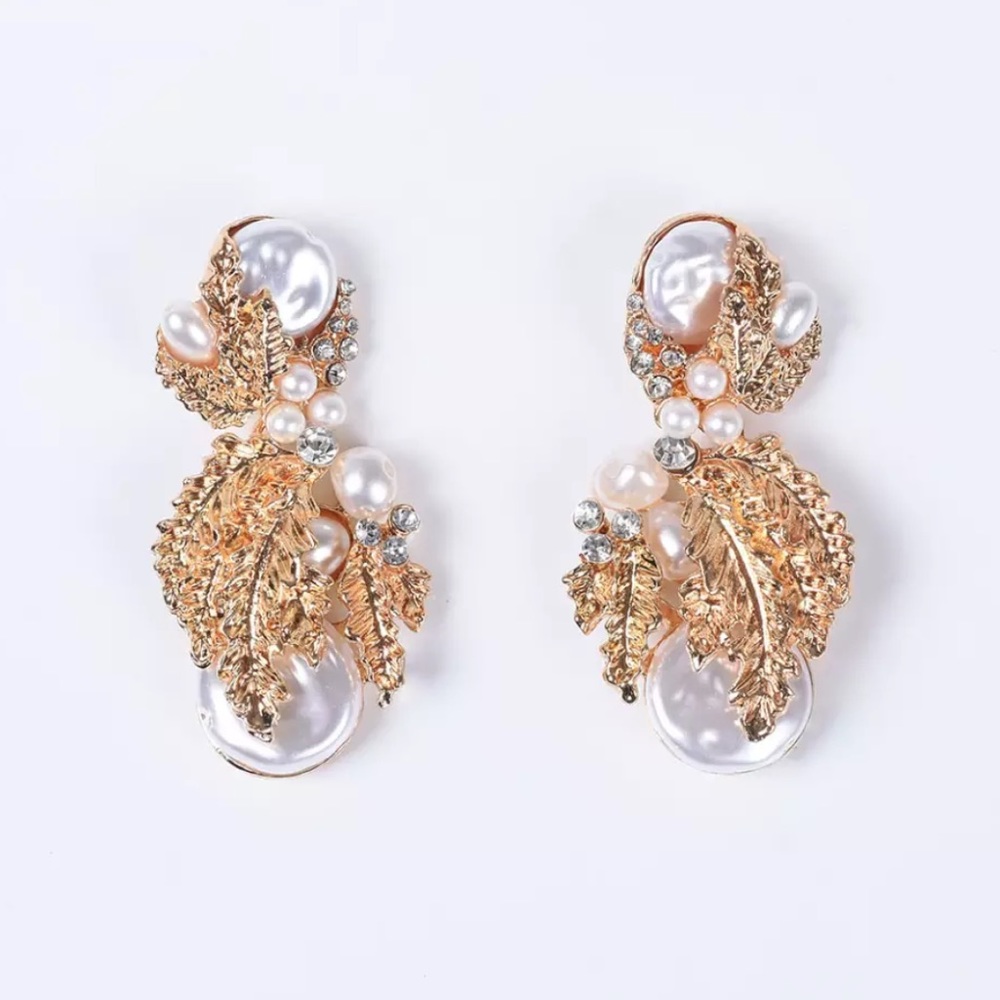 Zara Gold Rhinestone Pearl Earrings - Picture 2 of 8